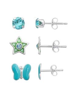 Charming Girl Sterling Silver 3 Pair Crystal, Star, & Butterfly Stud Earring Set