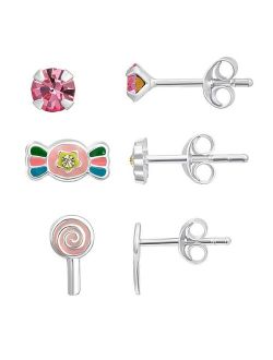 Charming Girl Sterling Silver 3 Pair Crystal Candy Stud Earring Set