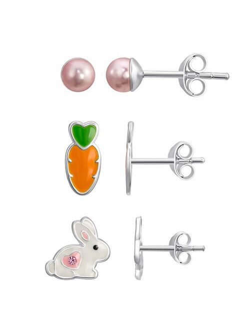 Charming Girl Sterling Silver 3 Pair Pearl, Carrot, & Bunny Stud Earring Set