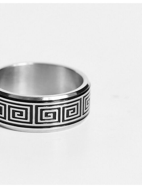 ASOS DESIGN waterproof stainless steel band ring with embossed greek wave in silver tone