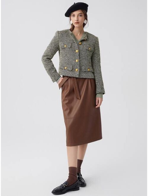 Shein Flap Detail Button Placket Tweed Overcoat