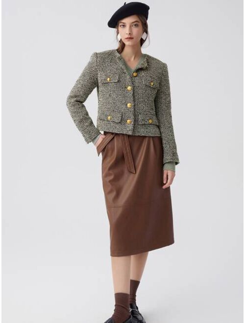 Shein Flap Detail Button Placket Tweed Overcoat