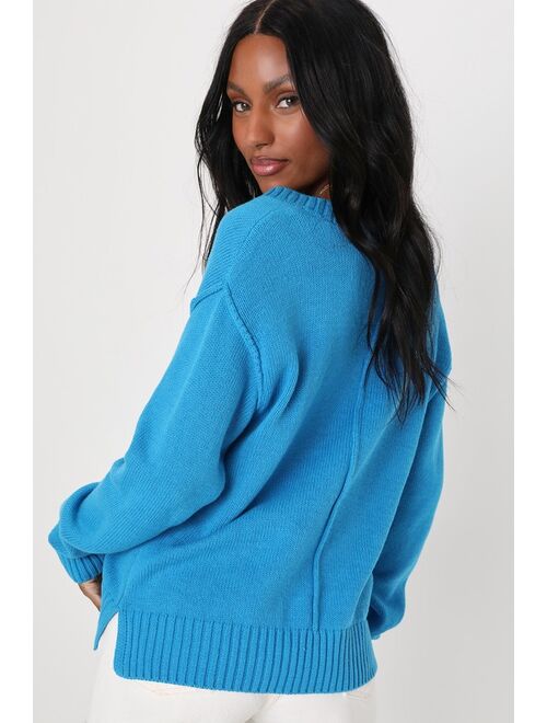 Lulus Cutely Cuddly Blue V-Neck Pullover Sweater