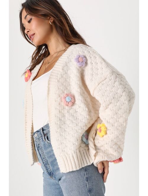 Lulus Chosen Charm Cream Knit Open-Front Embroidered Shrug Sweater