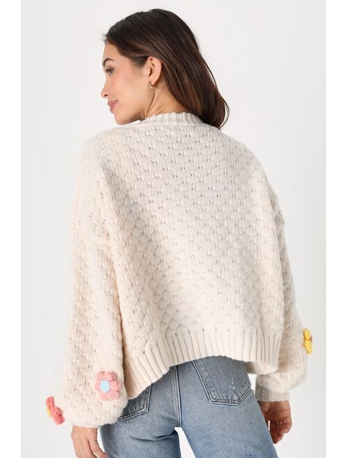 Lulus Chosen Charm Cream Knit Open-Front Embroidered Shrug Sweater