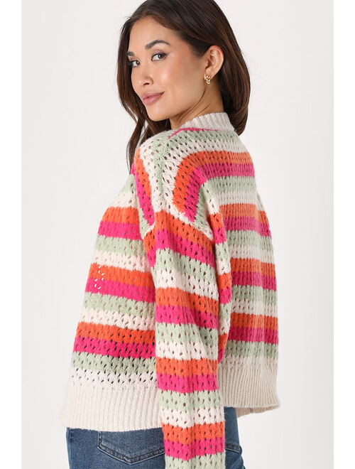 Lulus Glowing Cutie Ivory Multi Long Sleeve Cardigan Sweater