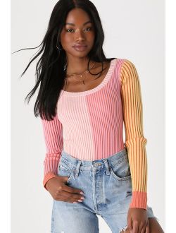 Mod Cutie Pink Color Block Ribbed Long Sleeve Bodysuit