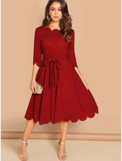 Scallop Trim Fit & Flare Dress With Belt