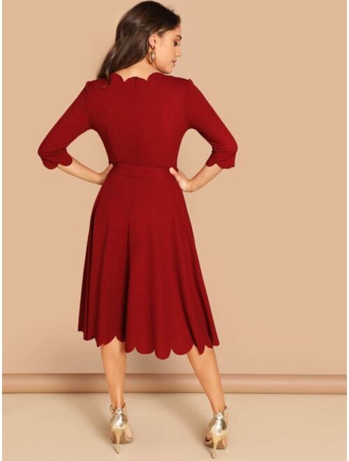 EMERY ROSE Scallop Trim Fit & Flare Dress With Belt