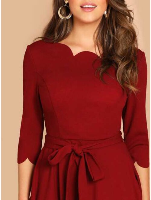EMERY ROSE Scallop Trim Fit & Flare Dress With Belt
