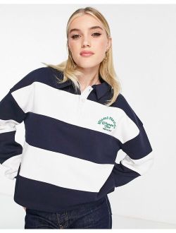 varsity striped cropped polo shirt with logo detail in navy and white