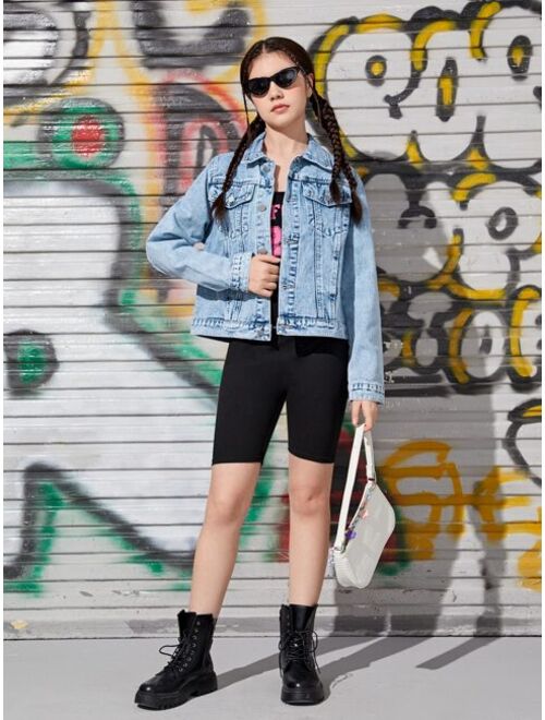 Shein Teen Girls Flap Detail Denim Jacket Without Tee