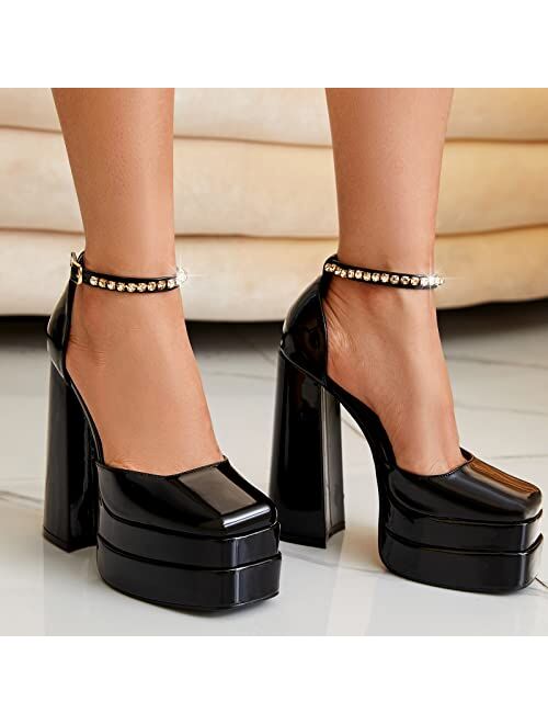 TINSTREE Women's Platform High Heels Pumps Chunky Block Square Closed Toe Ankle Strap Buckle Satin/Patent Black Rhinestones Party Prom Dress Mary Jane Shoes