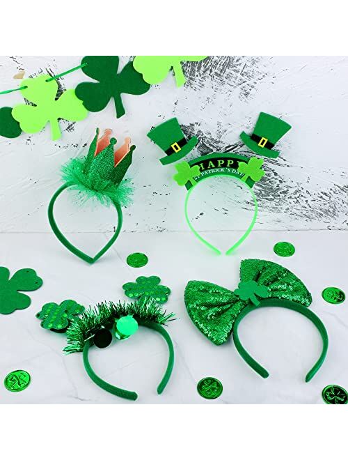 Fovths 8 Pack St. Patrick's Day Party Accessories St. Patrick's Day Headbands Sequined Shamrock Headband Leprechaun Hat Headband Assorted Styles for St. Patricks Day Deco