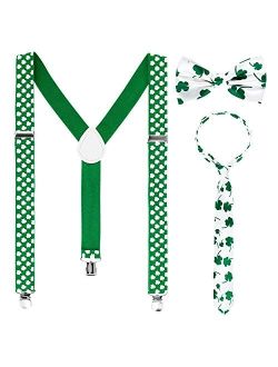 Whaline 3 Pcs St. Patrick's Day Accessory Set,Shamrock Suspenders,Bowtie and Necktie for Saint Patricks Holiday Party