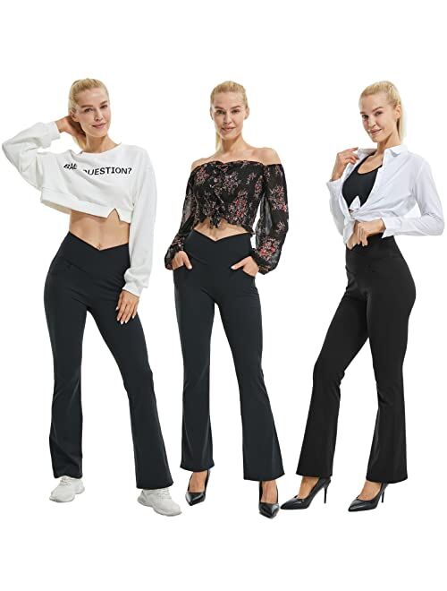 FireSwan Womens Crossover Flare Leggings with Pockets Bootcut High Waisted Yoga Pants Tummy Control Gym Workout Work Pants