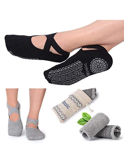 Ozaiic Yoga Socks for Women Non-Slip Grips & Straps, Ideal for Pilates, Pure Barre, Ballet, Dance, Barefoot Workout