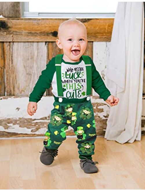 Queenstyle Baby Boy ST Patrick's Day Outfit Romper Green + Suspender Pants with Hat Newborn Boy Clothes 0-12 Months