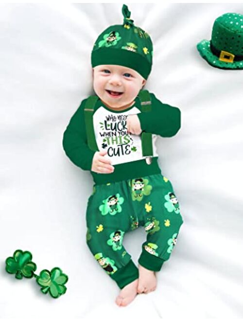 Queenstyle Baby Boy ST Patrick's Day Outfit Romper Green + Suspender Pants with Hat Newborn Boy Clothes 0-12 Months
