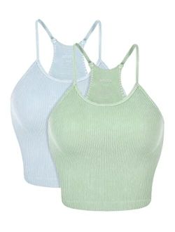 ODODOS Women's Crop 3-Pack Washed Seamless Rib-Knit Camisole Crop Tank Tops