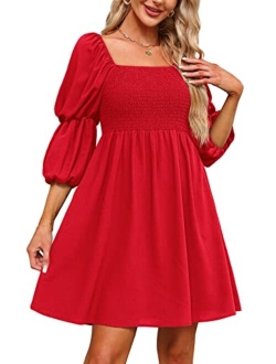 OFEEFAN Womens Dresses Square Neck Puff Sleeve Smocked Chest Off Shoulder Babydoll Mini Dress