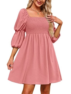OFEEFAN Womens Dresses Square Neck Puff Sleeve Smocked Chest Off Shoulder Babydoll Mini Dress