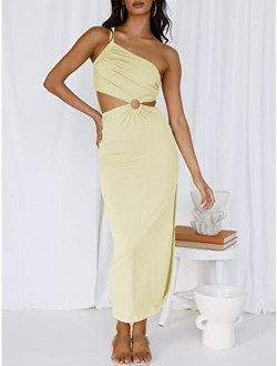 Womens Summer Bodycon Maxi Dress One Shoulder Sleeveless Sexy Cut Out Formal Party Dress
