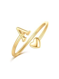 Ailetop Heart Initial Rings for Women Teen Girls,Gold Plated Initial Heart Ring Stackable Rings for Women Adjustable Initial Rings for Teen Girls Cute Heart Alphabet Lett