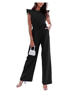 BTFBM Women Jumpsuits Crew Neck Ruffle Cap Sleeve Belted High Waist Wide Leg Romper with Pockets One Piece Casual Outfits