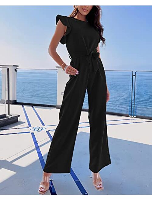 BTFBM Women Jumpsuits Crew Neck Ruffle Cap Sleeve Belted High Waist Wide Leg Romper with Pockets One Piece Casual Outfits