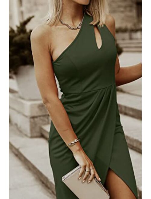 PRETTYGARDEN Women's One Shoulder Ruched Bodycon Dress 2023 Summer Cutout Slit Wrap Party Cocktail Midi Dresses