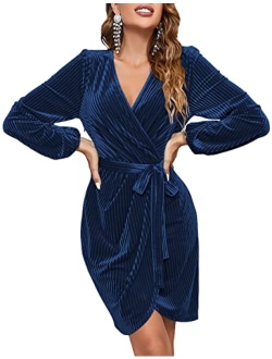 Womens Long Sleeve Wrap Velvet Mini Dress Sexy V Neck Cocktail Party Club Dress
