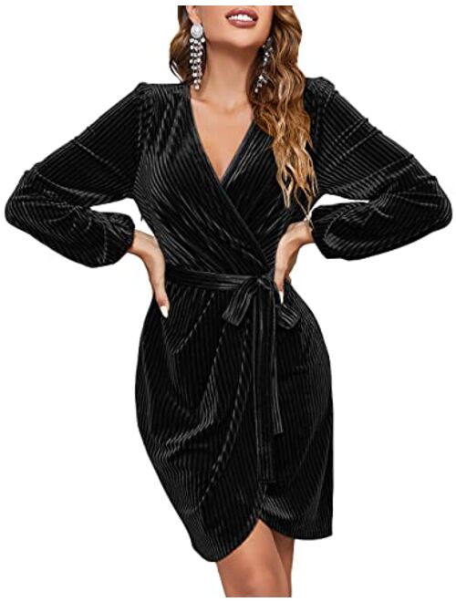 MEROKEETY Womens Long Sleeve Wrap Velvet Mini Dress Sexy V Neck Cocktail Party Club Dress