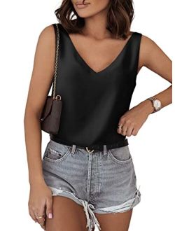 BLENCOT Tank Tops for Women V Neck Silk Summer Satin Sleeveless Blouse Basic Camisole Shirts S-XXL