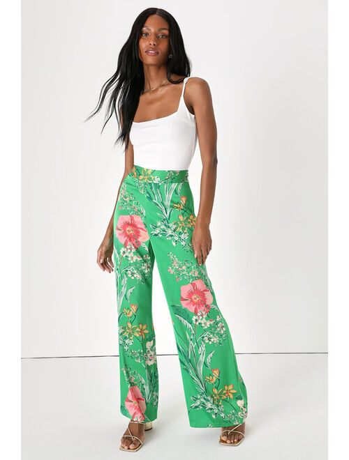 Lulus Thriving Vibes Bright Green Floral Print Satin Wide-Leg Pants