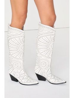 Billini Zachariah White Studded Pointed-Toe Knee-High Western Boots