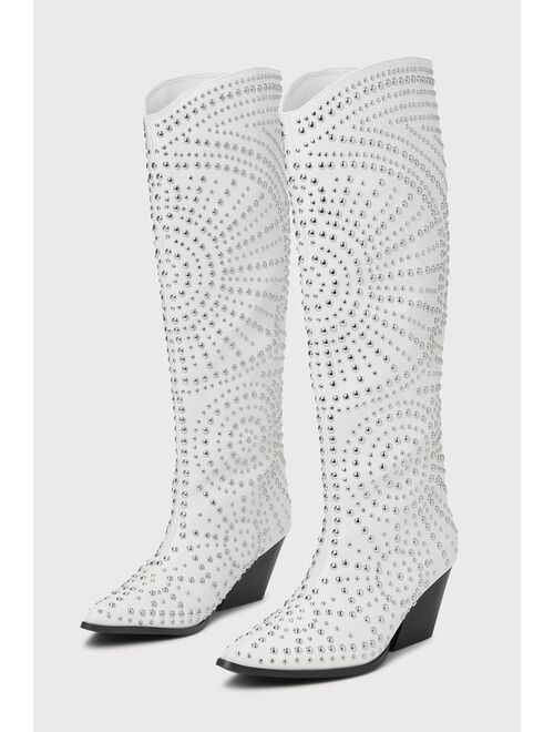 Billini Zachariah White Studded Pointed-Toe Knee-High Western Boots