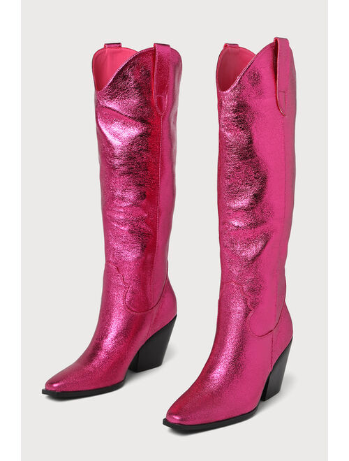 Billini Colson Pink Crinkle Metallic Western Knee-High Boots