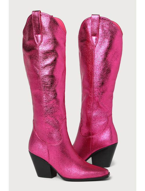 Billini Colson Pink Crinkle Metallic Western Knee-High Boots