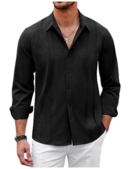 Mens Cuban Guayabera Shirt Casual Button Down Shirts Long Sleeve Beach Linen Shirts