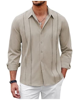 Mens Cuban Guayabera Shirt Casual Button Down Shirts Long Sleeve Beach Linen Shirts