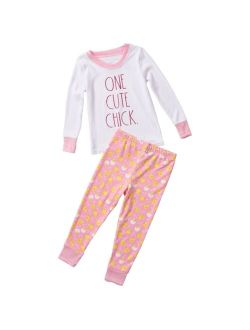 Rae Dunn Toddler Girls ONE CUTE CHICK Long Sleeve Top and Jogger Pajama 2 Piece Pajama Set