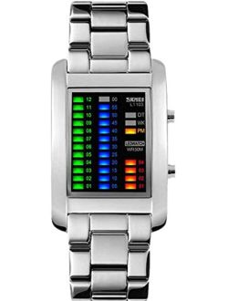 Mastop Men's Binary Matrix Blue LED Digital Waterproof Watch Stainless Steel Military Silver Watches