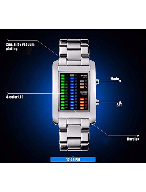 Mastop Men's Binary Matrix Blue LED Digital Waterproof Watch Stainless Steel Military Silver Watches