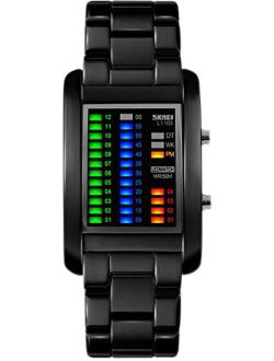 Gosasa Men's Binary Matrix Blue LED Digital Waterproof Watch Creative Stainless Steel Military Watches