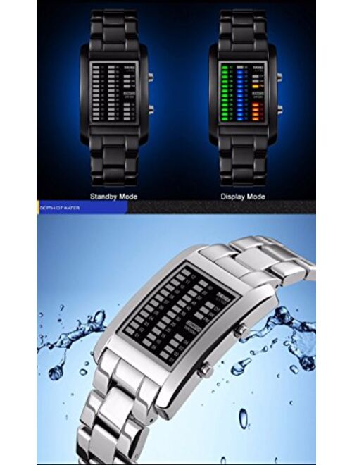 Gosasa Men's Binary Matrix Blue LED Digital Waterproof Watch Creative Stainless Steel Military Watches