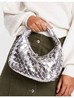 Glamorous mini grab bag in silver metallic woven PU