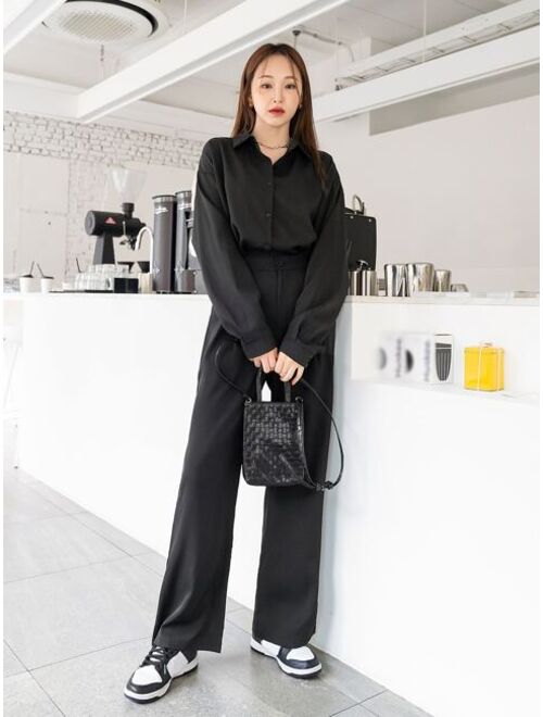 DAZY Solid Drop Shoulder Button Front Blouse & Pants