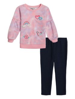 Little Girls Tie-Dye Puff Sleeves Terry Tunic and Stretch Jeggings, 2 Piece Set