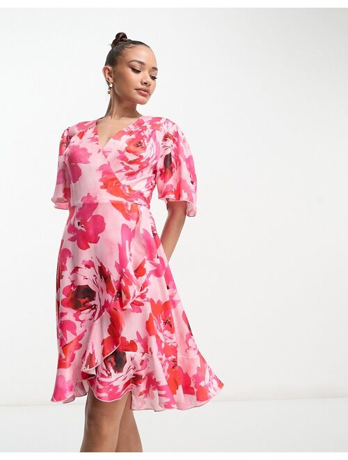 Flounce London wrap front mini dress with flutter sleeves in pink rose print